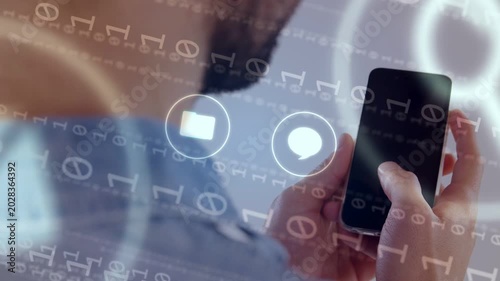 Man with phone, thumb tapping, overlay appearing, app icons floating and cycling, visualizing UI