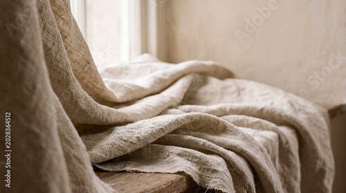 Tableau sur toile Draped raw linen fabric settling into soft valleys on a window sill