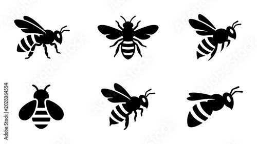 Foto Six Black Bee Icons, Insect Vector Graphics, Flying and Standing Styles, Simple