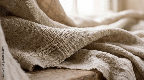 Fotografía Close-up of draped raw linen fabric with soft valleys and detailed yarn textures