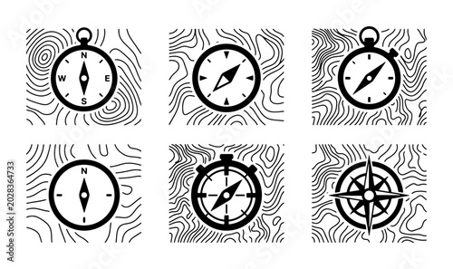 Foto Vintage Compass Icons, Nautical Navigation Symbols, Topographic Map Backgrounds,