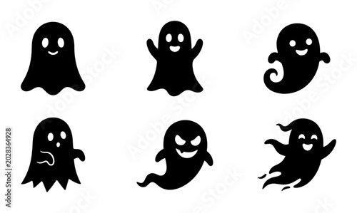 Tableau sur toile Cute Halloween Ghost Icons, Spooky Character Set, Black Silhouette Vector Graphi