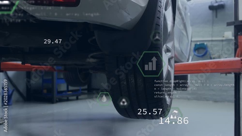 Camera framing rear-right wheel, AR hex icons spawning and updating, visualizing tire diagnostics