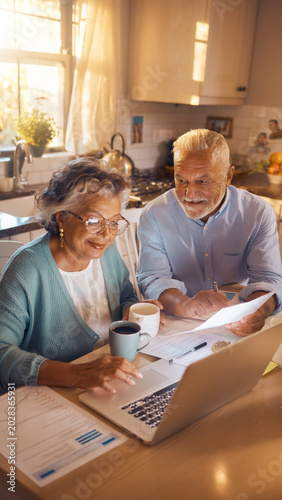 Senior Latino couple smiling while reviewing financial documents on a laptop in a sunlit kitchen