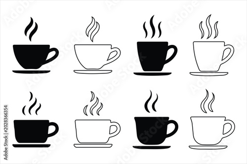 coffee cup icons with steam black and white line art