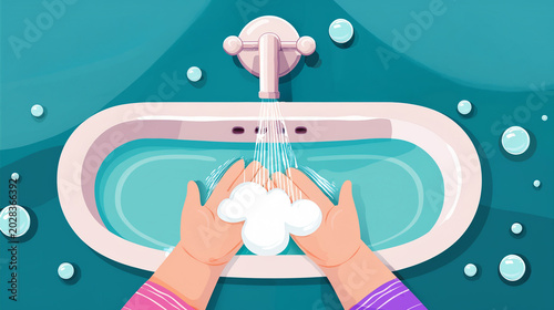 Cartoon illustration of child's hand washing hands under faucet water with pastel colored soap bubbles.