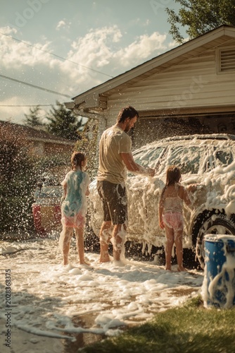 A family working together to wash the family car in the driveway, soap suds everywhere, water fight starting, dynamic summer fun