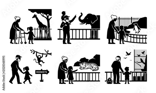Photography Zoo Visit Vector Icons: Family, Animals, and Outdoor Recreation Set