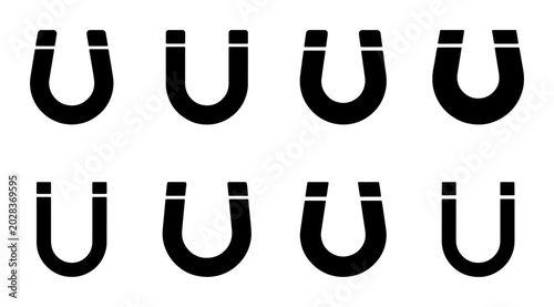 Fotografi Set of 8 Horseshoe Magnets, Magnetic Force, Physics Science Icons, Black and Whi