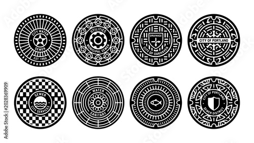 Photos Urban Manhole Cover Designs, City Infrastructure Symbols, Circular Street Grate