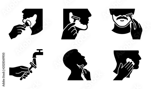 Obraz na płótnie Shaving Icons Set, Male Grooming Steps, Razor and Water Symbols, Clean Face Vect