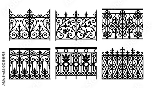 Obraz na płótnie Ornate Wrought Iron Fence Sections, Decorative Balcony Railings, Vintage Archite