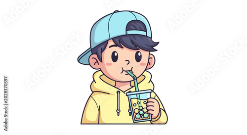 Boy Drinking Iced Beverage.