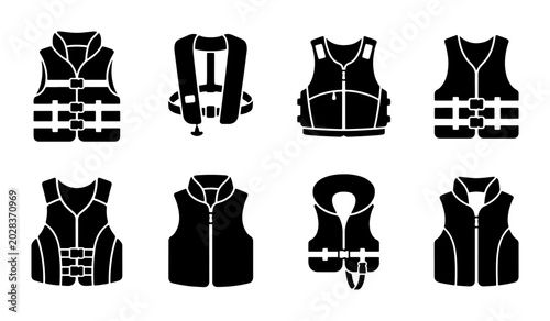 Fotografía Life Vest Icons Set, Safety Gear Vector Collection, Water Sport Apparel Symbols,