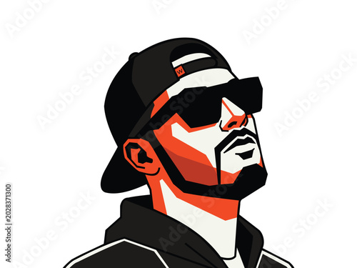 Stylized illustration of a man wearing a black baseball cap and sunglasses with a bold red and white color scheme