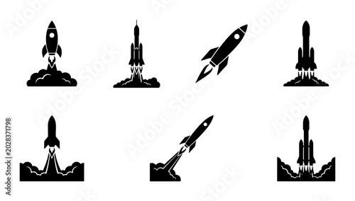 Photos Rocket Launch Icons, Space Exploration Vector Set, Futuristic Spaceship Graphics