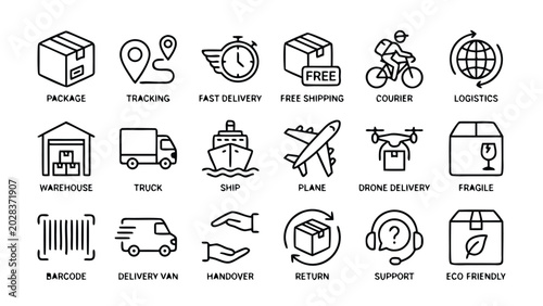 Professional Set of 18 Delivery and Shipping Line Icons Featuring Package Tracking Fast Delivery Free Shipping Courier Logistics Warehouse Truck Ship Plane Drone Fragile Barcode Van Handover Return