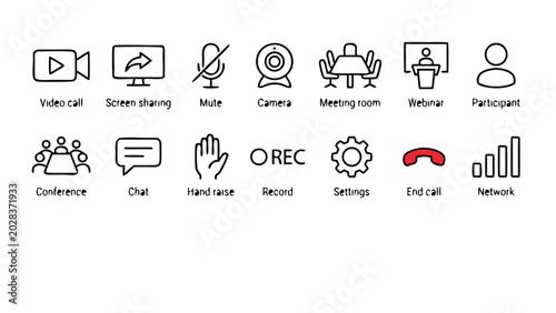 Set of 14 minimalist video conferencing line icons for online meetings, featuring video call, screen sharing, mute, camera, webinar, participant, conference, chat, hand raise, record, and end call.