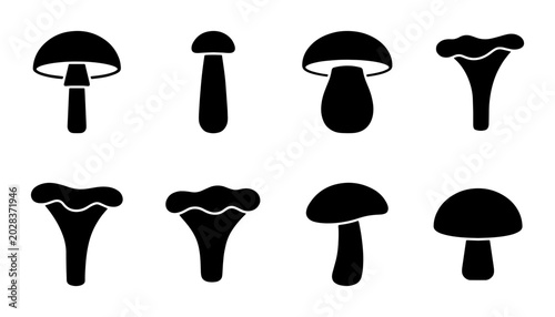 Foto Mushroom Silhouettes Vector Icons, Edible Fungi Shapes, Forest Food Graphics, Na