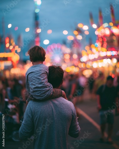 A father carrying his tired child on his shoulders while walking back from a carnival at dusk, lights of the fair in the bokeh background
