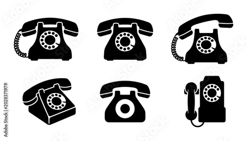 Foto Retro Rotary Dial Telephones, Vintage Communication Icons, Classic Phone Set Vec