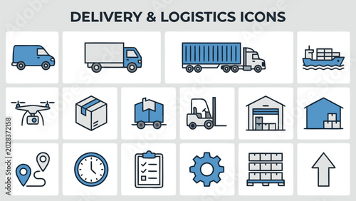 Comprehensive set of delivery and logistics icons featuring transport vehicles like trucks, ships, and drones, plus warehouse, tracking, and shipping symbols in a clean, modern flat vector style.