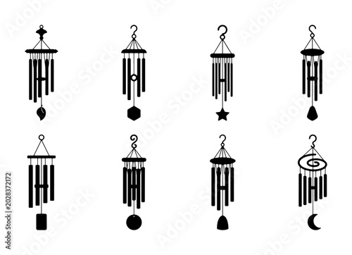 Konstfotografi Set of 8 Black and White Wind Chime Icons, Decorative Hanging Ornaments, Melodic