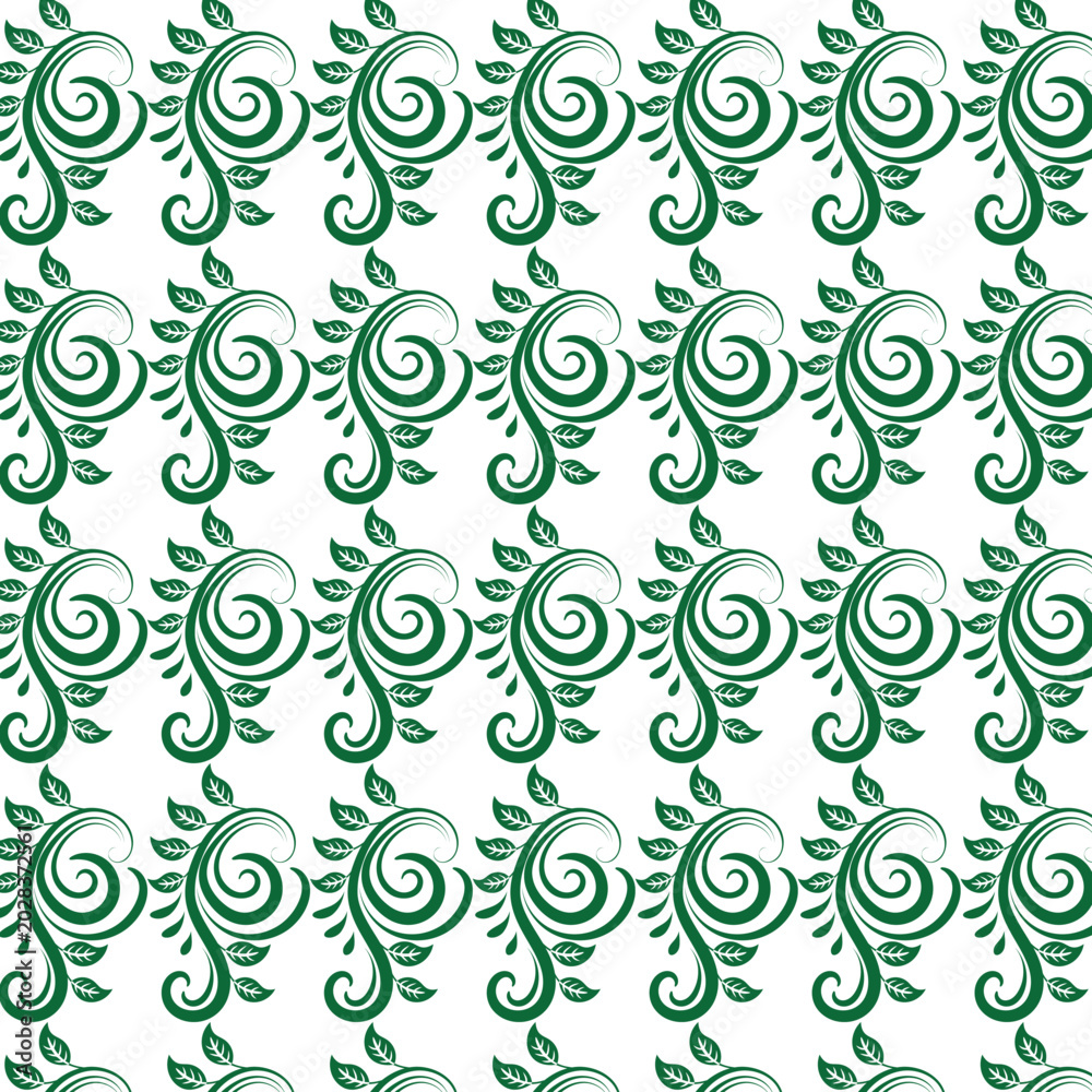 Fototapeta premium Seamless green leaf swirl patterns, botanical designs, white background, vector illustrations, decorative borders
