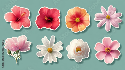 Vibrant Floral Collection: A delightful arrangement of eight distinct flowers, showcasing a spectrum of vivid colors from deep pink and red to soft orange and delicate white.