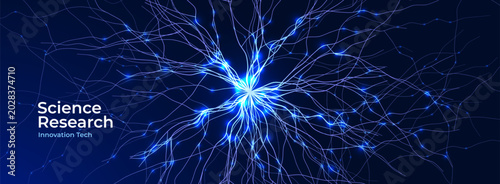 Foto Science Research Abstract Neural Wavy Lines, Digital Transformation AI Neuronal Connection Radial Cell Blue Neon Glowing Pathways