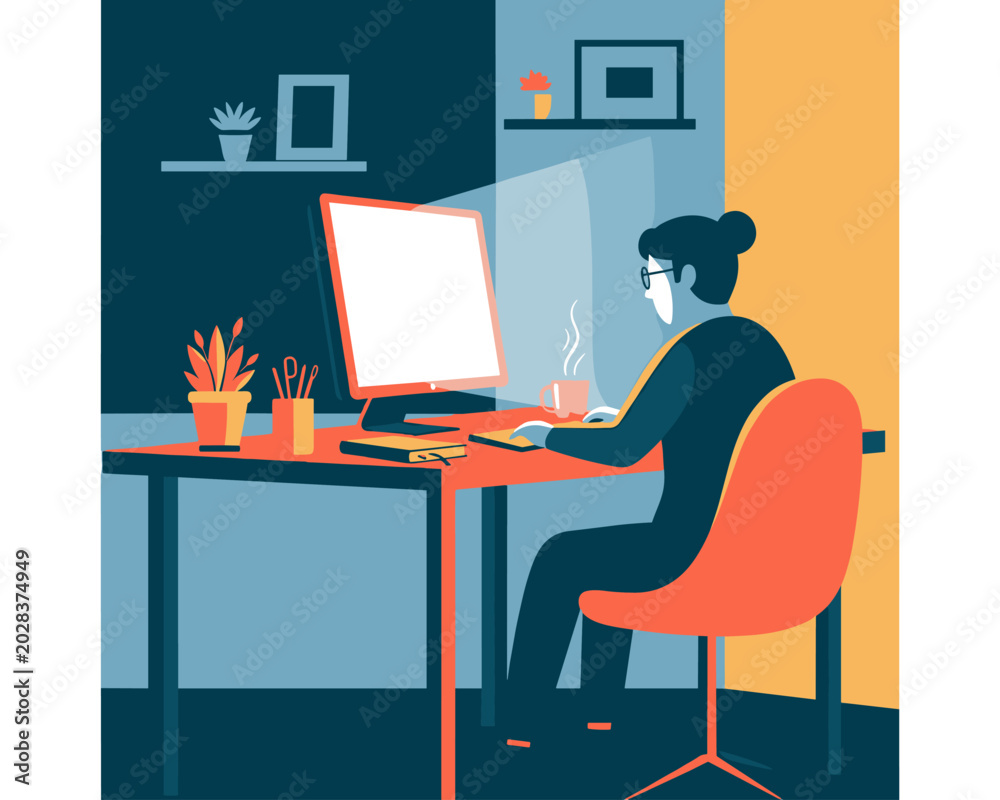 Fototapeta premium Individual Working on Computer, Indoor Workspace, Digital Illustration, Cozy Environment, Side View