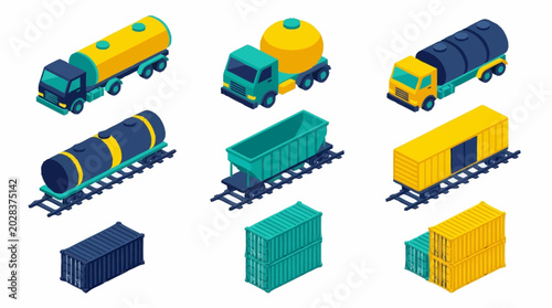 Schilderij op canvas Collection of various cargo transportation vehicles and containers