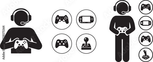 Vector illustration featuring a collection of gaming icons including silhouettes of people wearing headsets holding game controllers alongside various handheld consoles and joysticks for use in creati