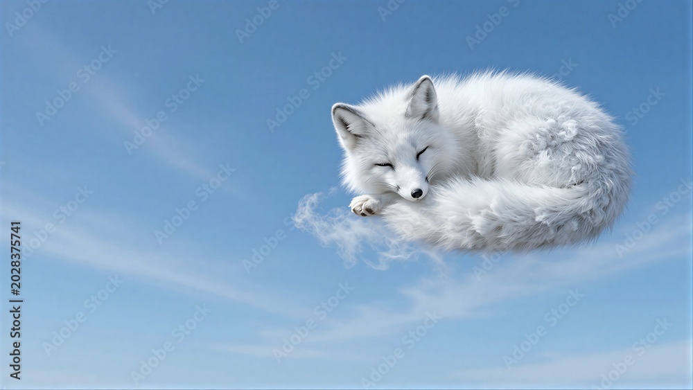 Fototapeta premium White fox sleeps peacefully on a cloud against a clear blue sky.