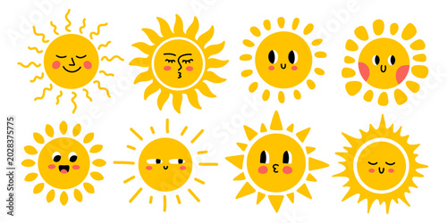 Vector set of cute yellow sun characters with different facial expressions and ray shapes. Happy smiling sunshine face icons for kid poster, nursery decor, weather app, sticker and summer design.