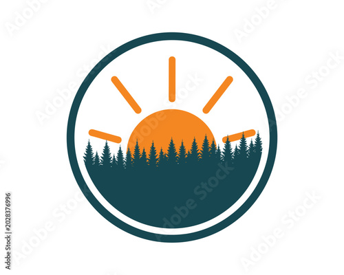 Bild auf Leinwand Nature Sunrise Illustration, Forest Landscape, Calm Environment, Graphic Design,
