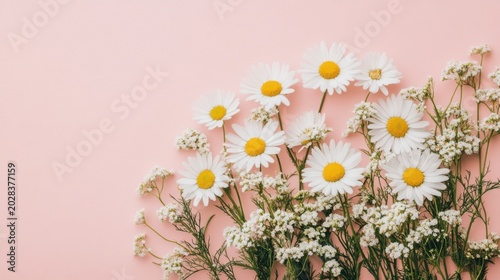 white daisies and small white flowers on pink background