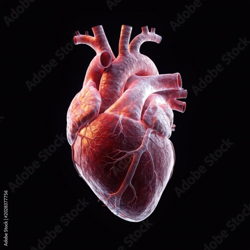 Anatomical illustration of a human heart with visible chambers and vessels