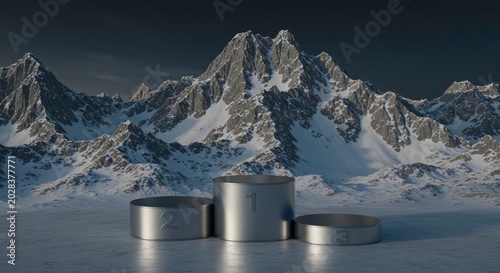 Metallic cylindrical podiums in a night mountain setting.