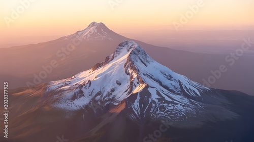 A dramatic aerial photograph captures majestic mountain peaks at sunrise with snow and rugged terrain