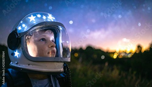 Child wears space helmet adorned with glowing stars, looking up with wonder at the night sky. Youngster dreams of future adventures in outer space exploration