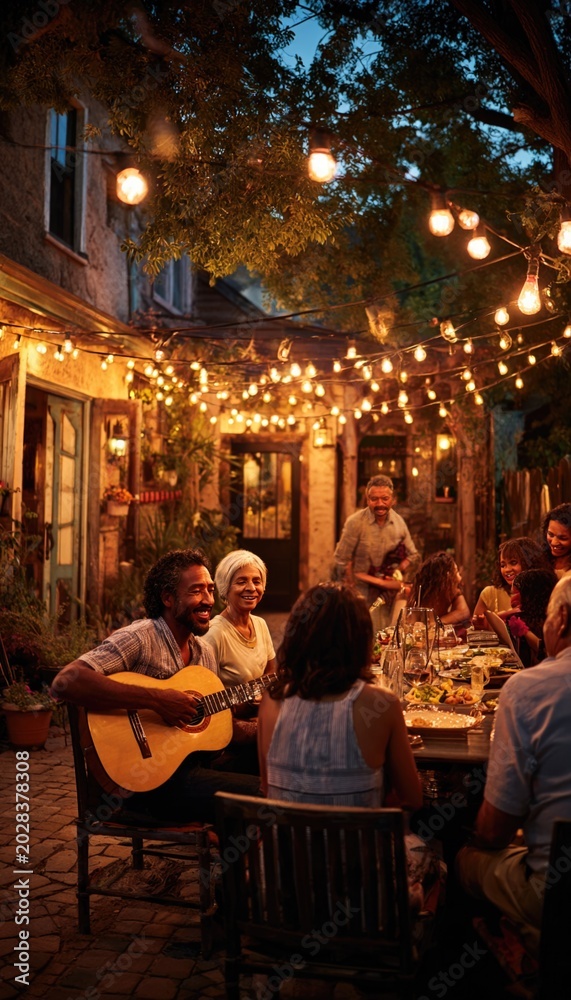 Obraz premium A Hispanic family gathered for a backyard BBQ, guitar playing, candid laughter, festive string lights