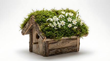 A rustic wooden birdhouse with a lush green roof and white flowers on a plain surface