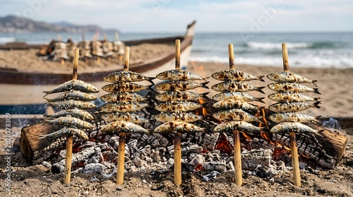 Traditional Grilled Sardines on Skewers at a Spanish Beach