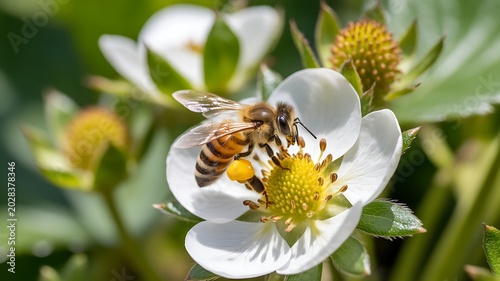 A bee collects pollen from a white strawberry flower in the garden.
