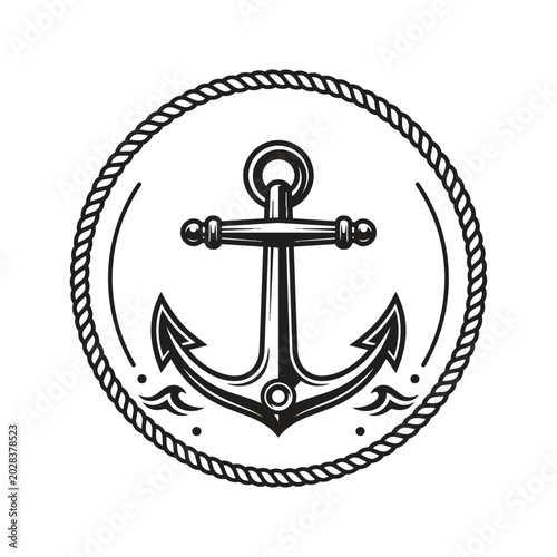Black and white anchor symbol with rope circle.