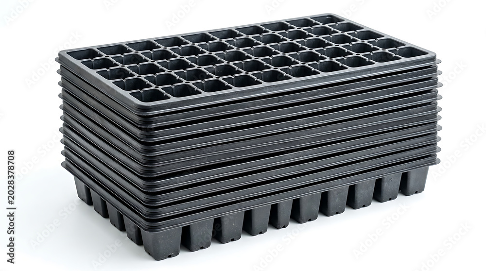 Fototapeta premium Stacked black seedling trays on a plain surface for gardening purposes