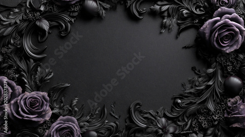 Luxury dark gothic background with carved baroque ornaments and purple roses, elegant vintage floral border with copy space for text