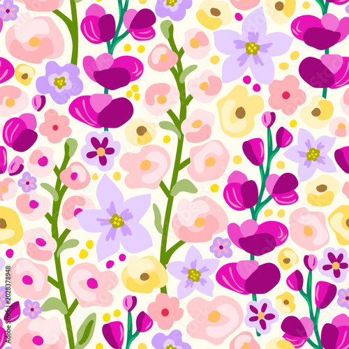 Beautiful summer floral vector seamless repeating pattern. Garden pink, burgundy flowers, hollyhocks, lupines. For fabric prints, textile products, and clothing.
