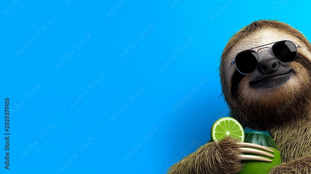 Obraz premium Funny sloth wearing sunglasses holding green coconut drink with lime slice on bright blue background, summer vacation concept with copy space for text
